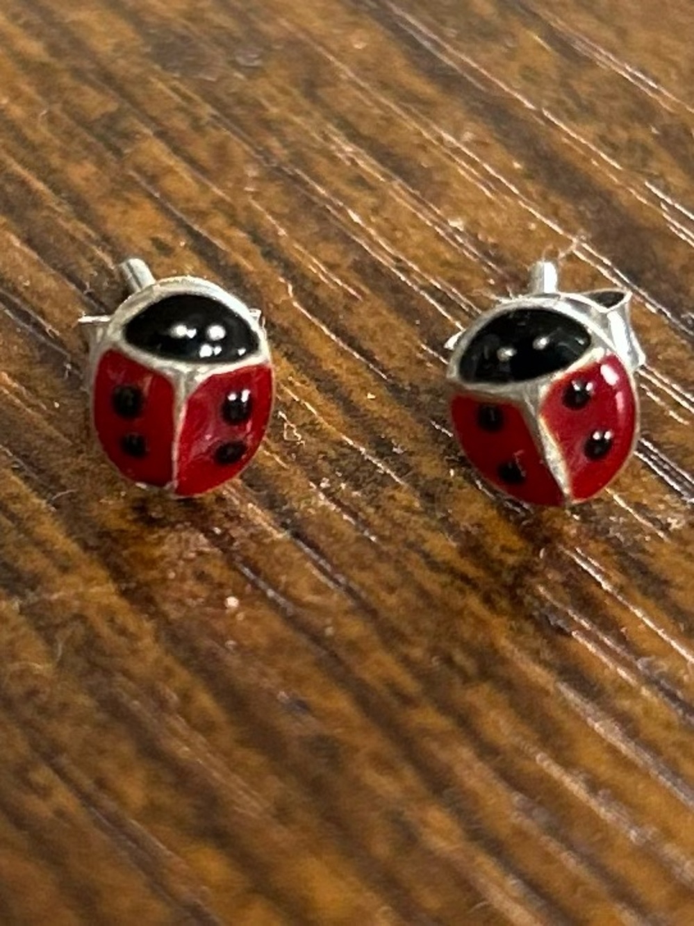 Vintage Enameled Ladybug Earrings, 1990s, silver-tone